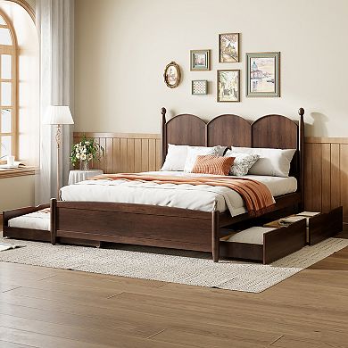 Pnronnc Queen Size Low Profile Platform Bed with Arc Headboard, 2 Drawers and Twin XL Size Trundle