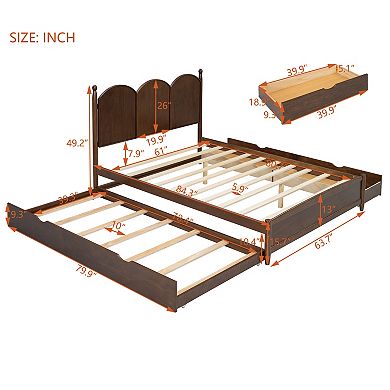 Pnronnc Queen Size Low Profile Platform Bed with Arc Headboard, 2 Drawers and Twin XL Size Trundle