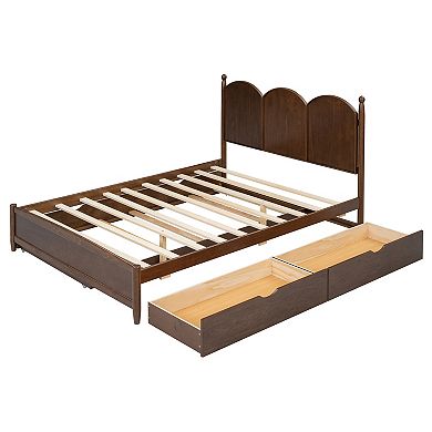 Pnronnc Queen Size Low Profile Platform Bed with Arc Headboard, 2 Drawers and Twin XL Size Trundle