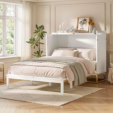 Pnronnc Space-Saving Platform Queen Size Bed Wooden Frame Foldable Murphy Bed with Drawers