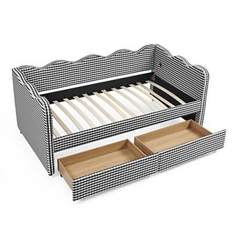 Pnronnc Gingham Daybed Linen Sofa Bed with Trundle or Drawer, USB Port, Wave Shape Platform Bed