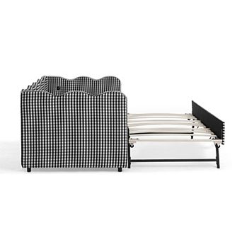 Pnronnc Gingham Daybed Linen Sofa Bed with Trundle or Drawer, USB Port, Wave Shape Platform Bed