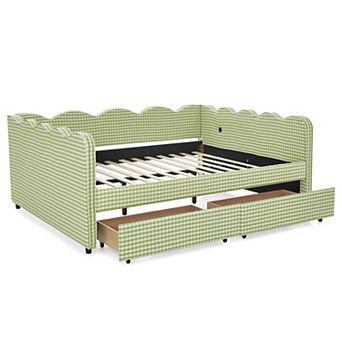 Pnronnc Gingham Daybed Linen Sofa Bed with Trundle or Drawer, USB Port, Wave Shape Platform Bed