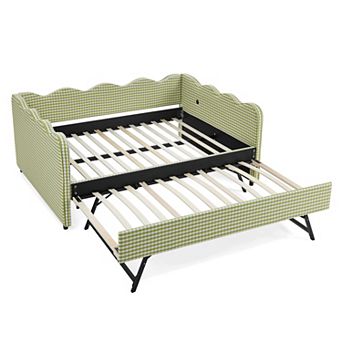 Pnronnc Gingham Daybed Linen Sofa Bed with Trundle or Drawer, USB Port, Wave Shape Platform Bed