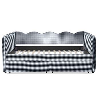Pnronnc Gingham Daybed Linen Sofa Bed with Trundle or Drawer, USB Port, Wave Shape Platform Bed