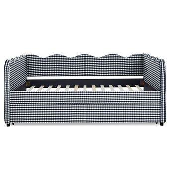 Pnronnc Gingham Daybed Linen Sofa Bed with Trundle or Drawer, USB Port, Wave Shape Platform Bed