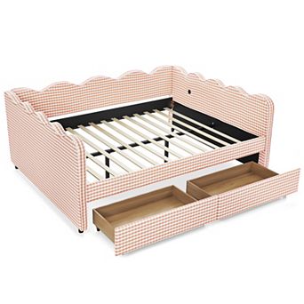 Pnronnc Gingham Daybed Linen Sofa Bed with Trundle or Drawer, USB Port, Wave Shape Platform Bed