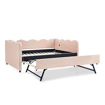 Pnronnc Gingham Daybed Linen Sofa Bed with Trundle or Drawer, USB Port, Wave Shape Platform Bed