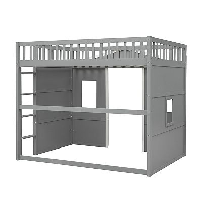 Pnronnc House Frame Loft Bed Kids Bunk Bed with Ladder, 2 Window and Guardrail