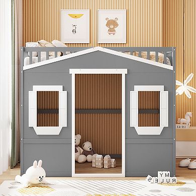 Pnronnc House Frame Loft Bed Kids Bunk Bed with Ladder, 2 Window and Guardrail