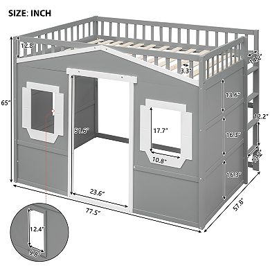 Pnronnc House Frame Loft Bed Kids Bunk Bed with Ladder, 2 Window and Guardrail