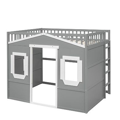 Pnronnc House Frame Loft Bed Kids Bunk Bed with Ladder, 2 Window and Guardrail