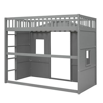 Pnronnc House Frame Loft Bed Kids Bunk Bed with Ladder, 2 Window and Guardrail