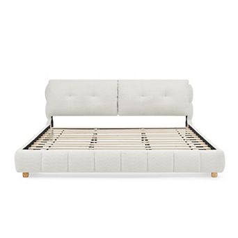 Pnronnc Boucle Upholstered Bed Low Profile Platform Bed Cloud-Like Bed with Solid Wood Legs