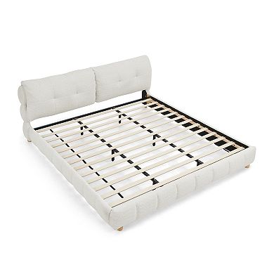Pnronnc Boucle Upholstered Bed Low Profile Platform Bed Cloud-Like Bed with Solid Wood Legs