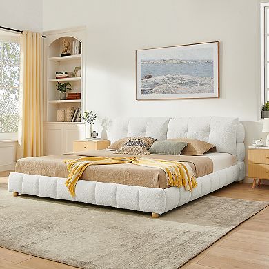 Pnronnc Boucle Upholstered Bed Low Profile Platform Bed Cloud-Like Bed with Solid Wood Legs