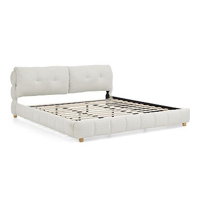 Pnronnc Boucle Upholstered Bed Low Profile Platform Bed Cloud-Like Bed with Solid Wood Legs