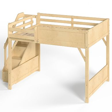 Pnronnc Space-saving Loft Bed Floor Bed Bunk Bed with Wardrobe, Beside Shelf, Full-length Guardrails