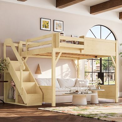 Pnronnc Space-saving Loft Bed Floor Bed Bunk Bed with Wardrobe, Beside Shelf, Full-length Guardrails