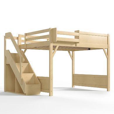 Pnronnc Space-saving Loft Bed Floor Bed Bunk Bed with Wardrobe, Beside Shelf, Full-length Guardrails