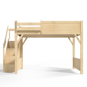 Pnronnc Space-saving Loft Bed Floor Bed Bunk Bed with Wardrobe, Beside Shelf, Full-length Guardrails