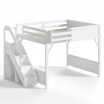Pnronnc Space-saving Loft Bed Floor Bed Bunk Bed with Wardrobe, Beside Shelf, Full-length Guardrails