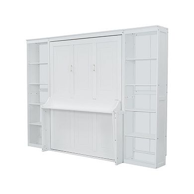 Pnronnc Bookcase Murphy Platform Bed Folding Storage Bed with Hidden Desk and Side Bookshelf