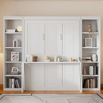 Pnronnc Bookcase Murphy Platform Bed Folding Storage Bed with Hidden Desk and Side Bookshelf