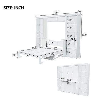 Pnronnc Bookcase Murphy Platform Bed Folding Storage Bed with Hidden Desk and Side Bookshelf