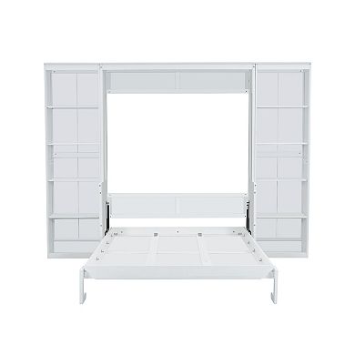 Pnronnc Bookcase Murphy Platform Bed Folding Storage Bed with Hidden Desk and Side Bookshelf