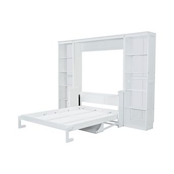 Pnronnc Bookcase Murphy Platform Bed Folding Storage Bed with Hidden Desk and Side Bookshelf
