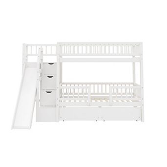 Pnronnc Wood Kids Bunk Bed Twin over Twin Bunk Bed with Storage Staircase and Slide