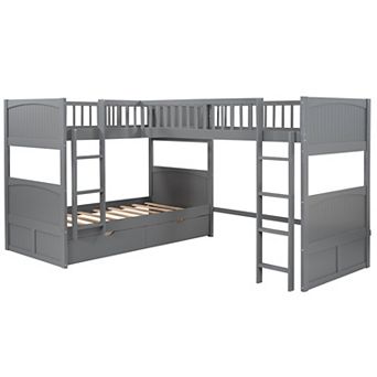Pnronnc Twin Size Loft Bed Corner Bunk Bed for 3 with 2 Drawers