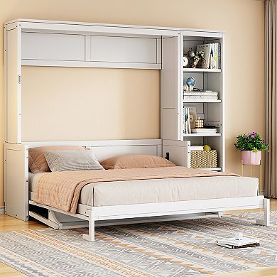 Pnronnc Wooden Murphy Bed Space-saving Platform Bed with Desk and Bookshelf