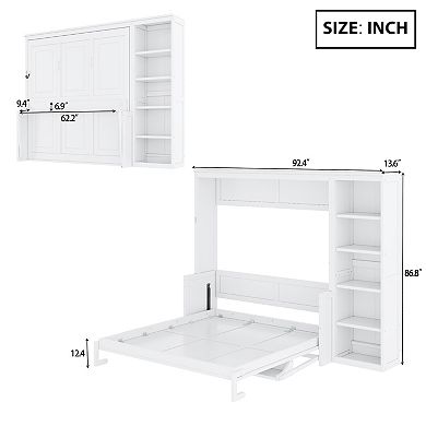 Pnronnc Wooden Murphy Bed Space-saving Platform Bed with Desk and Bookshelf