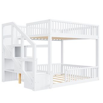 Pnronnc Classic Low Bunk Bed Kids Floor Bed Wood Frame Grounded Bed with Storage Stair and Guardrail
