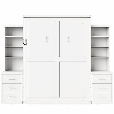 Pnronnc Wooden Murphy Bed Bookcase Captains Platform Bed with Side Storage Shelves and Drawers