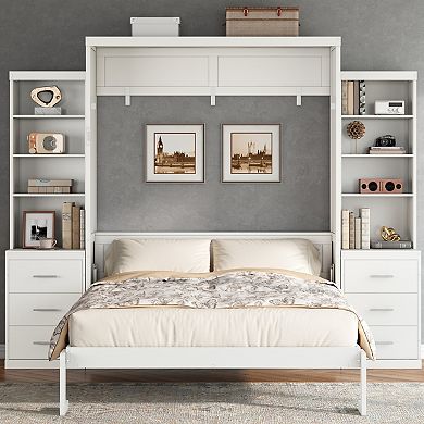 Pnronnc Wooden Murphy Bed Bookcase Captains Platform Bed with Side Storage Shelves and Drawers