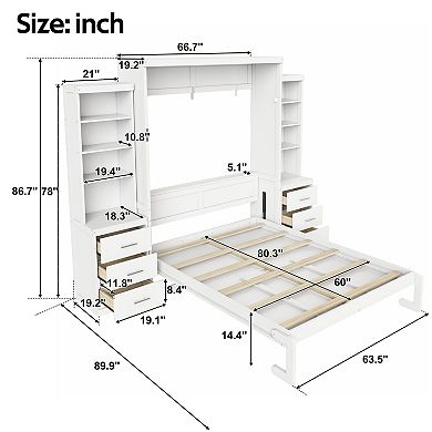 Pnronnc Wooden Murphy Bed Bookcase Captains Platform Bed with Side Storage Shelves and Drawers