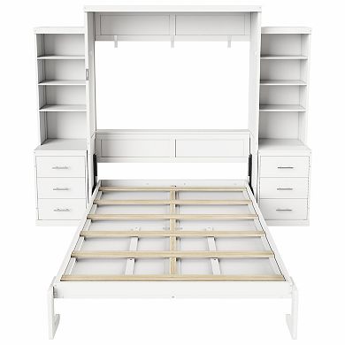 Pnronnc Wooden Murphy Bed Bookcase Captains Platform Bed with Side Storage Shelves and Drawers