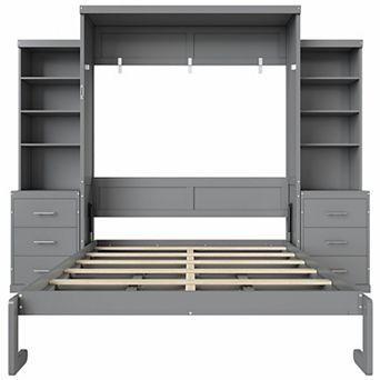 Pnronnc Wooden Murphy Bed Bookcase Captains Platform Bed with Side Storage Shelves and Drawers