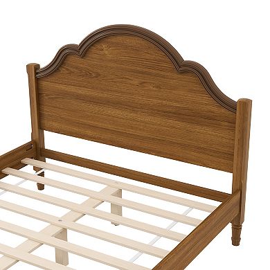 Pnronnc Classic Platform Bed Wood Frame Lowprofile Bed Curved Wingback Bed with Headboard, Footboard