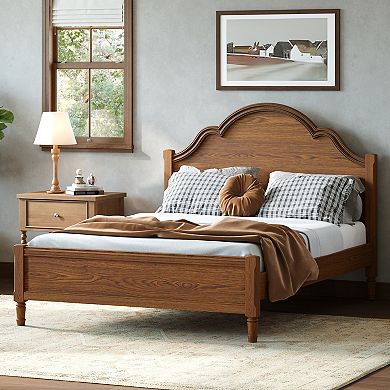 Pnronnc Classic Platform Bed Wood Frame Lowprofile Bed Curved Wingback Bed with Headboard, Footboard