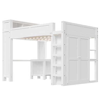 Pnronnc Wooden Frame Loft Bed Space-Saving Bed Queen Size Loft Bed with Wardrobe, Desk and USB