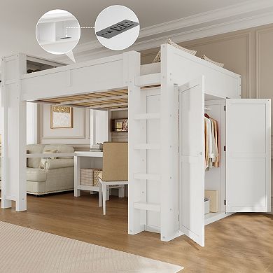 Pnronnc Wooden Frame Loft Bed Space-Saving Bed Queen Size Loft Bed with Wardrobe, Desk and USB