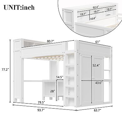Pnronnc Wooden Frame Loft Bed Space-Saving Bed Queen Size Loft Bed with Wardrobe, Desk and USB