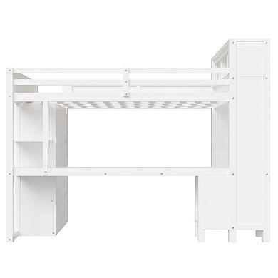 Pnronnc Wooden Frame Loft Bed Space-Saving Bed Queen Size Loft Bed with Wardrobe, Desk and USB
