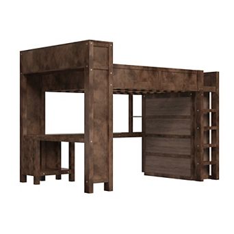 Pnronnc Wooden Frame Loft Bed Space-Saving Bed Queen Size Loft Bed with Wardrobe, Desk and USB