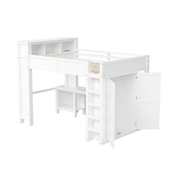 Pnronnc Wooden Frame Loft Bed Space-Saving Bed Queen Size Loft Bed with Wardrobe, Desk and USB