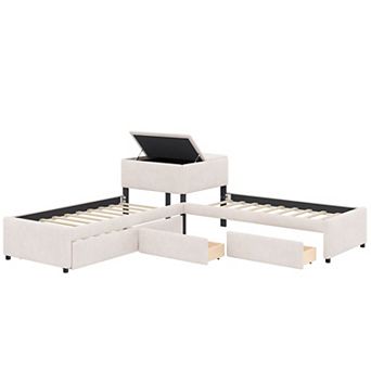 Pnronnc 3 in 1 L-shape Corner Platform Bed Upholstered Daybed Built-in Desk, Drawers Linked, Trundle